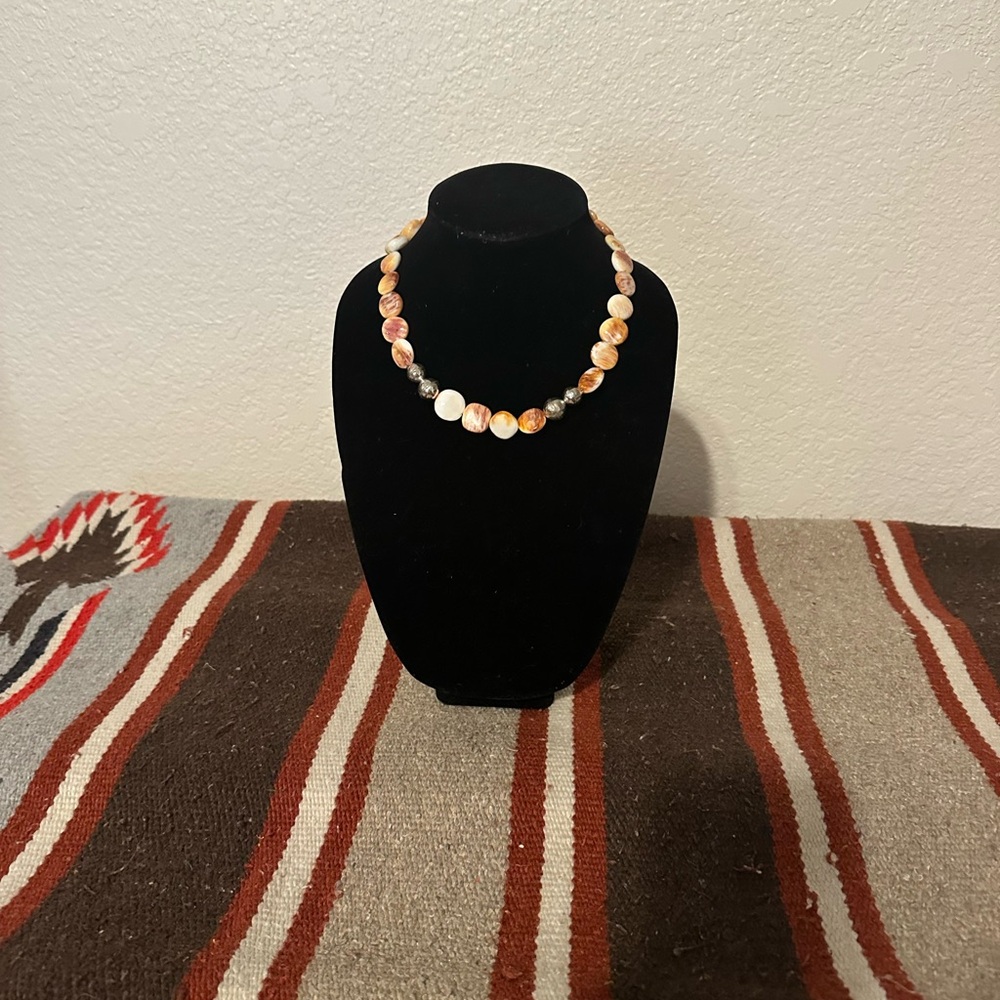 Hand Crafted Gold/Red/Cream/Rust Spiney Oyster & Sterling Silver Necklace